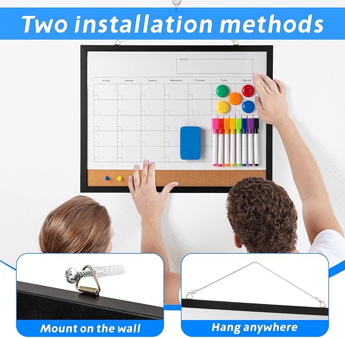 Dry Erase Calendar Whiteboard, 17" x 13" Magnetic Whiteboard Cork Board Combo, Reusable Monthly Planner with 8 Markers, Eraser, Magnets and Pushpins, Hanging Dry Erase Board for Home, School - Black-DeskLoop Office