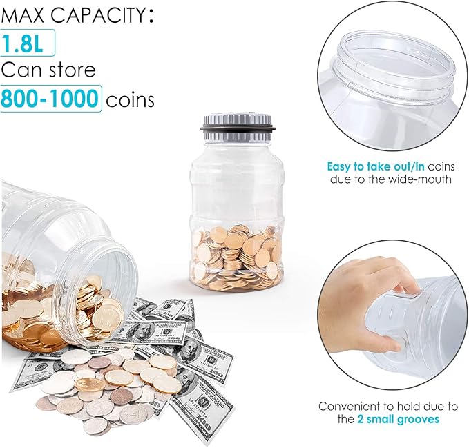 Large Piggy Bank for Boys Adults, Vcertcpl Digital Coin Counting Bank with LCD Counter, 1.8L Capacity Coin Bank Money Jar for Adults, Designed for All US Coins (Gray)