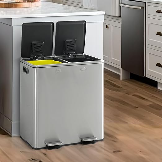 CAPHAUS Dual Trash Can with Double Lid, Trash and Recycle Bins Combo, Hands-Free Stainless-Steel Garbage Can for Kitchen, with 2 Compartment, Hinged Lid, Odor Filters, Handles, 30L+30L, 2 x 8 Gallon-DeskLoop Office