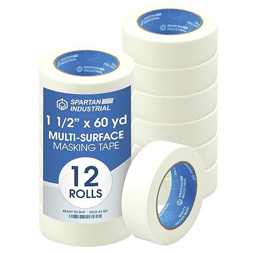 SPARTAN INDUSTRIAL - 1.5" X 60 yd Masking Tape for Construction, Painting, Crafts, and More - 12 Rolls of Removable Tape, 5.5 Mil-DeskLoop Office