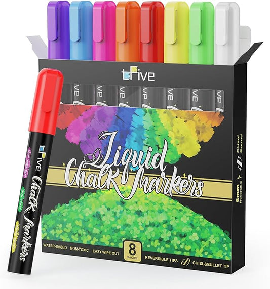 TFIVE Chalk Markers - 8 Color Chalk Pens and 24 Labels - Dry & Wet Erase, Reversible Tip, for Chalkboards, Signs, Windows, Blackboard, Glass, Mirrors, Liquid Chalk-DeskLoop Office