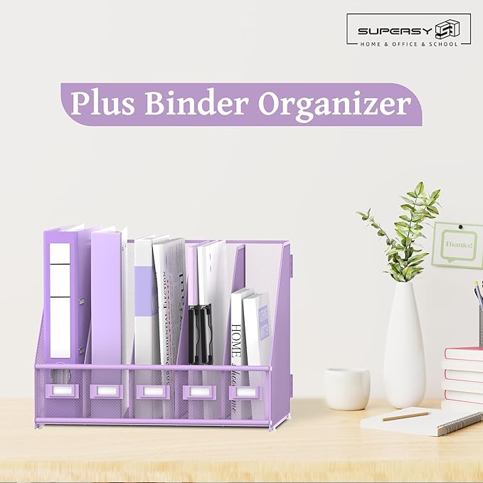 SUPEASY Desk Organizers Metal Desk Magazine File Holder with 5 Vertical Compartments Rack File Organizer for Office Desktop, Home Workspace, Purple Plus-DeskLoop Office