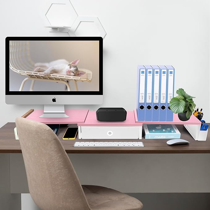 Dual Monitor Stand Riser With Drawer & Metal Leg, Large Desk Shelf For 2 Monitors w/ Adjustable Length & Angle, Desktop Organizer For Laptop/TV/Printer-DeskLoop Office