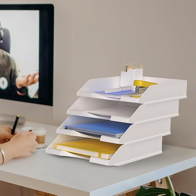 4 Pack Stackable Paper Trays for Letter Documents, Desktop File Organizers for Office Supplies, Stackable Desk Tray Holder for Paper Storage, White-DeskLoop Office