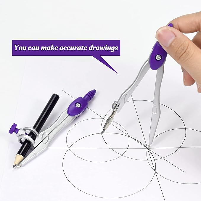 Math Geometry Kit Sets 10 Piece Student Supplies with Shatterproof Storage Box,Includes Rulers,Protractor,Compass,Eraser,Pencil Sharpener,Lead Refills,Pencil,for Drafting and Drawings(Purple)-DeskLoop Office