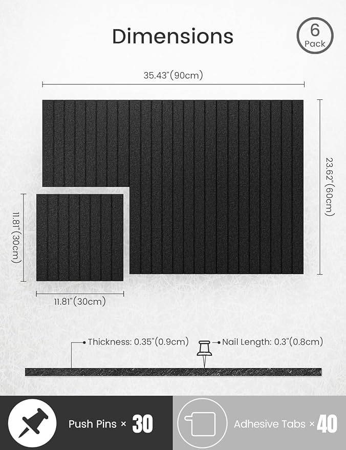 Bumusty Large Cork Board Alternative-36 x24 Felt Bulletin Board Tiles, with 30 Pushpins, 40 Adhesive Tabs, 6-Pack Slat Wall Paneling, Cork Boards for Office Push Pin Board Felt Board-Black-DeskLoop Office