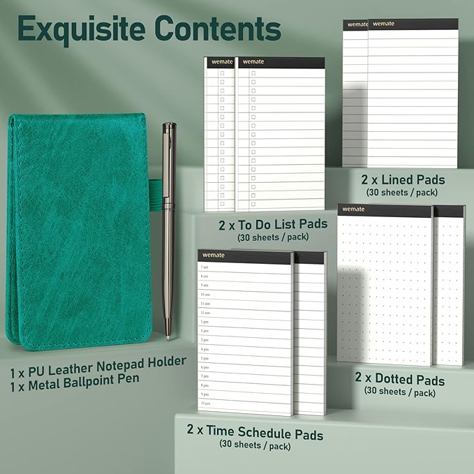 WEMATE 10 Pieces Small Notepad Holder Set Pocket Notebook - Included Mini Pocket Notepad Holder Set with 8 Memo Book Refills and Metal Pen for Meetings, Daily Records, and Notes 3 x 5 Inch (Green)-DeskLoop Office