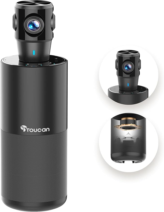 TOUCAN 360-Degree Video Conference Camera, 1080p HD Webcam with 4 Noise Reduction Mics, Speaker, AI Tracking, Works with Zoom, Google Voice, Microsoft Teams and More, for PC/Mac/Tablet-DeskLoop Office