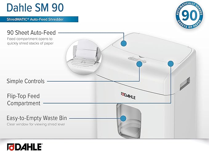 Dahle ShredMATIC SM 90 Auto-Feed Paper Shredder, Cross Cut, 90 Sheet Feed Tray, German Engineered, Jam Protection, Oil Free, SmartPower, P-4 Security, Shreds Staples/Paper Clips/Credit Cards-DeskLoop Office