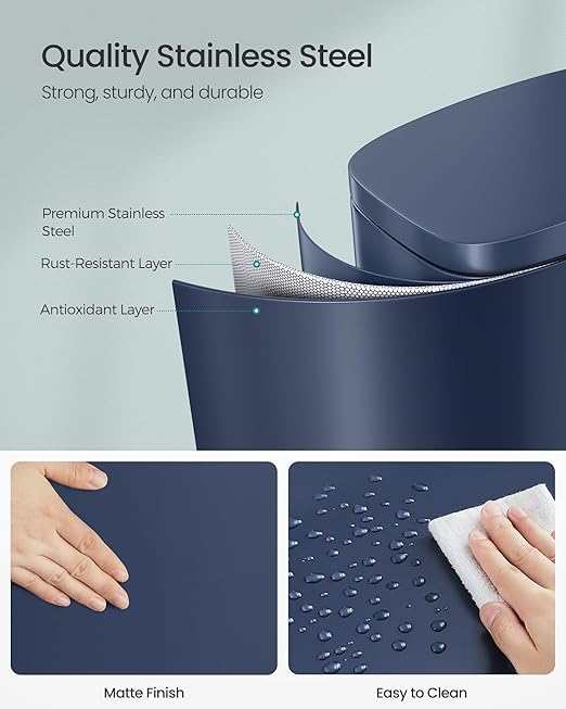 SONGMICS 13 Gallon (50 L) Trash Can, Stainless Steel Kitchen Garbage Can, Recycling or Waste Bin, Soft Close, Step-On Pedal, Removable Inner Bucket, Midnight Blue ULTB050L01-DeskLoop Office