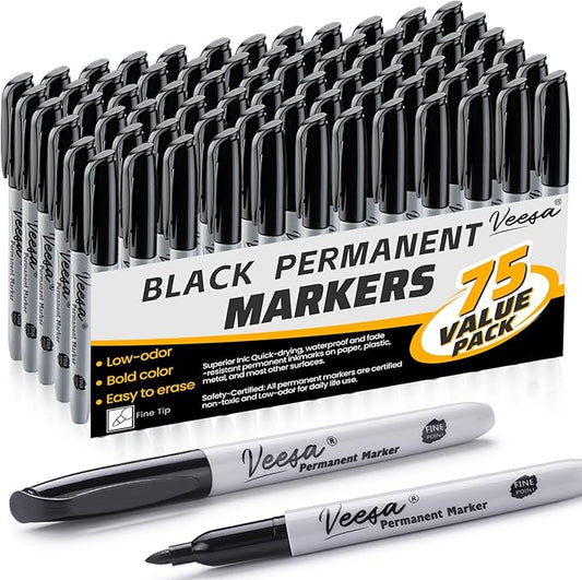 Permanent Markers Bulk, 75 Pack Black Fine Tip Permanent Marker Set - Waterproof | Quick Drying | Fade Resistant - Marks on Paper, Glass, Ceramic, Plastic, Wood, Rock, Metal-DeskLoop Office