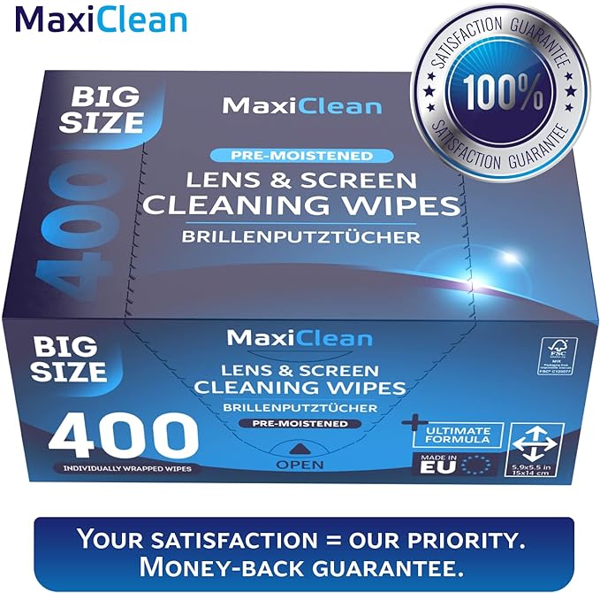 Glasses Wipes Lens Cleaner - Lens Wipes for Eyeglasses - 400 Pre-moistened Individually Wrapped Wipes for Eye Glasses, Electronics, Phone, Computer, Laptop Screen - Camera Lens Cleaner - Made in EU-DeskLoop Office