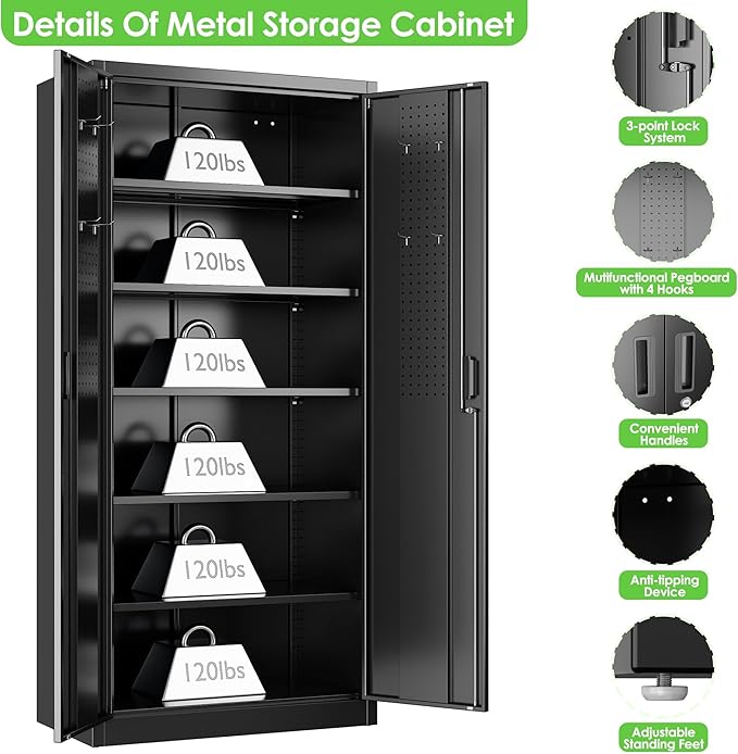 Aobabo Upgraded 71" H×34" W×18" D Metal Garage Storage Cabinet with Pegboards, Lockable Steel Cabinet with 5 Adjustable Shelves and 4 Hooks for Garage, Home, Office, Black,Assembly Required-DeskLoop Office