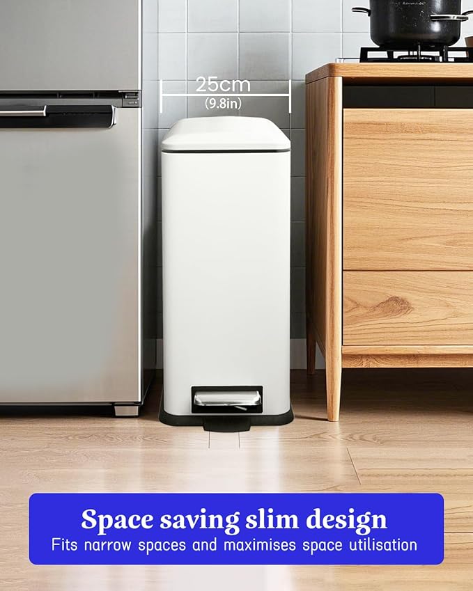 Kitchen Rubbish Bin, 30 L, Narrow Pedal Bin with Lid, Stainless Steel Kitchen Rubbish Bin with Inner Bucket, Rectangular Waste Bin for Kitchen, Bathroom, Bedroom, Office, White-DeskLoop Office