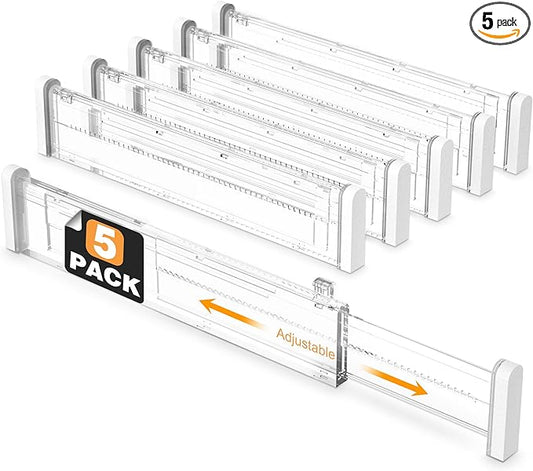 HiYZ Expandable Drawer Dividers - 12.6-22.8'' Adjustable Drawers Organizers for Kitchen Utensils, Drawer Separators in Bedroom, Dresser, Office, Bathroom, Fridge, 5 Pack Long Dividers-Clear-DeskLoop Office