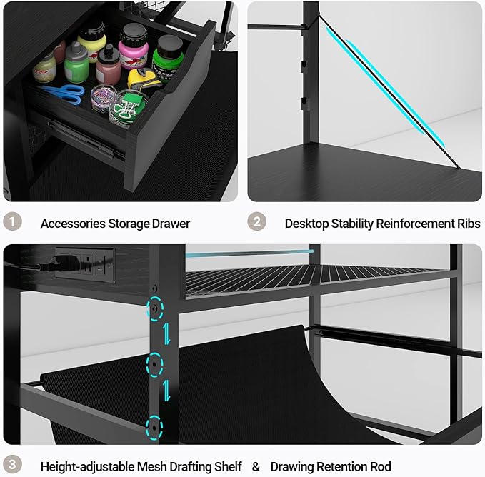 Natwind Wide Format Printer Stand, Plotter Workbench Table with Pull-Out Drafting Storage, Roll Paper Holder, Accessory Drawer, Adjustable Storage Shelf for Plotters and Cutting Machines (Black)-DeskLoop Office