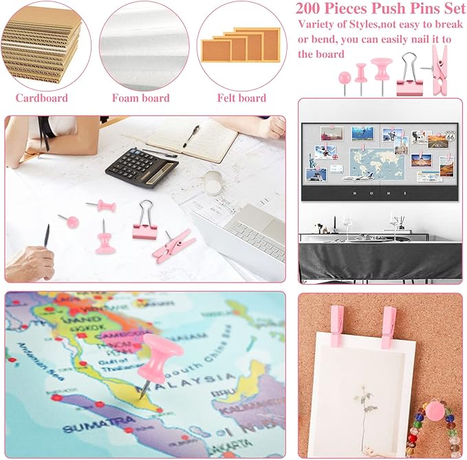 200 Pieces Pink Push Pins Thumb Tacks Cute Decorative Push Pins for Cork Board Bulletin Boards Wall Maps Pictures Office Supplies-DeskLoop Office