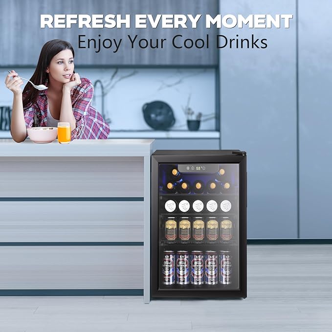 26 Bottle Wine Cooler, 95 Cans Beverage Refrigerator, 2.6 cu.ft Drink Fridge Digital Temperature Control for Beer, Soda,Water, Drink Cooler for Home Office Bar-DeskLoop Office