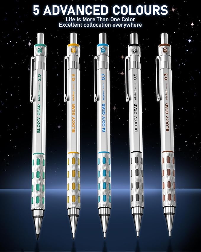 Nicpro Blocky Gear Metal Mechanical Pencil Set in Leather Case, 29PCS Art Drafting Pencils 0.3, 0.5, 0.7, 0.9&2mm Lead Pencil with 330PCS Lead (HB 2H 4H 2B 4B 6B Color) For Writing Sketching Drawing-DeskLoop Office