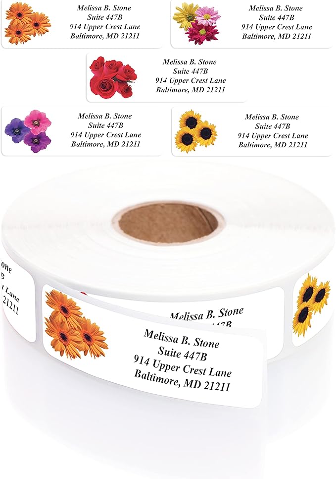 Floral Posy Assorted Rolled Address Labels with Elegant Plastic Dispenser-DeskLoop Office