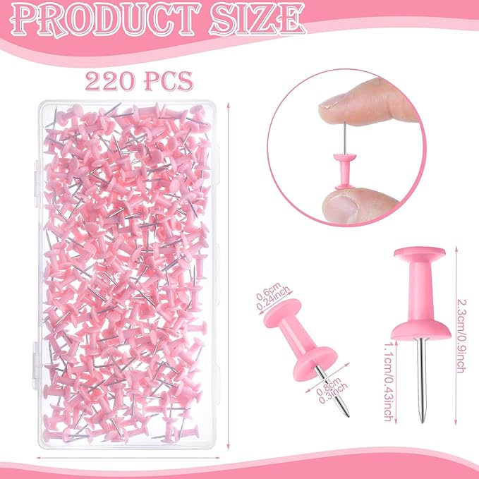 220 Count Pink Push Pins, Standard Plastic Head Steel Point Thumb Tacks Decorative Push Pins for Cork Board Wall Hanging-DeskLoop Office