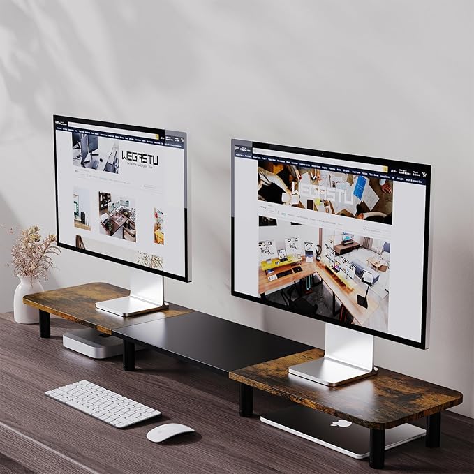 43.7" Extra Long Dual Monitor Stand Riser, Wood & Steel Monitor Stand for 2 Monitors, Wide TV Stand, Desktop Riser for Desk Organization, Home Office、Laptop,Printer,TV (Vintage black)-DeskLoop Office