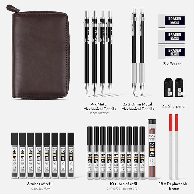 Nicpro 33PCS Black Metal Mechanical Pencil Set in Leather Case, Art Drafting Pencil 0.3, 0.5, 0.7, 0.9 mm, 2mm Lead Holders for Sketching Drawing With 18 Tube (6B 4B 2B HB 2H 4H Colors) Lead Refills-DeskLoop Office