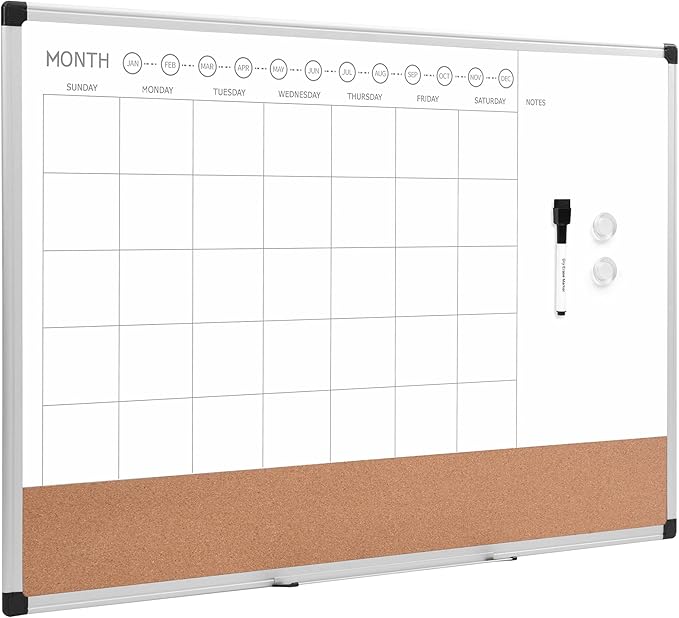 Amazon Basics 24" x 36" Monthly Whiteboard Calendar with Cork Board, Wall Mounted, Easy to Install, Silver Aluminum Frame-DeskLoop Office