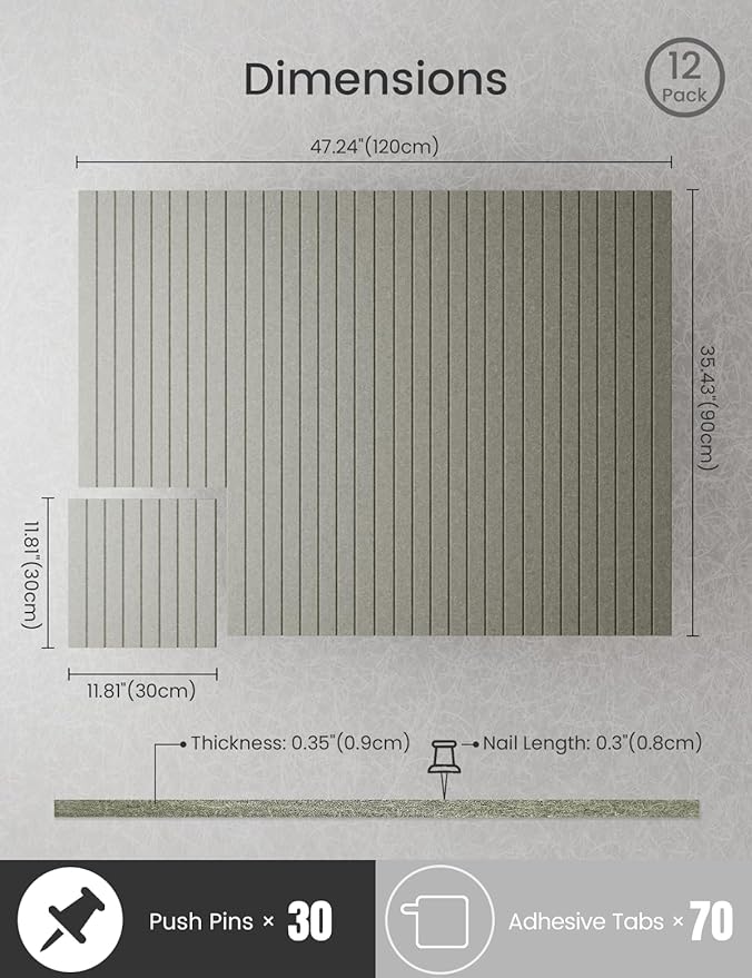 Bumusty Large Cork Board Alternative-47 x35 Felt Bulletin Board Tiles, with 30 Pushpins, 70 Adhesive Tabs, 12-Pack Slat Wall Paneling, Cork Boards for Office Push Pin Board Felt Board-Sage-DeskLoop Office