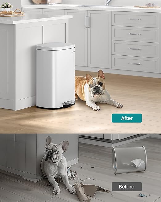 SONGMICS 13 Gallon (50 L) Trash Can, Stainless Steel Kitchen Garbage Can, Recycling or Waste Bin, Soft Close, Step-On Pedal, Removable Inner Bucket, White ULTB050W01-DeskLoop Office