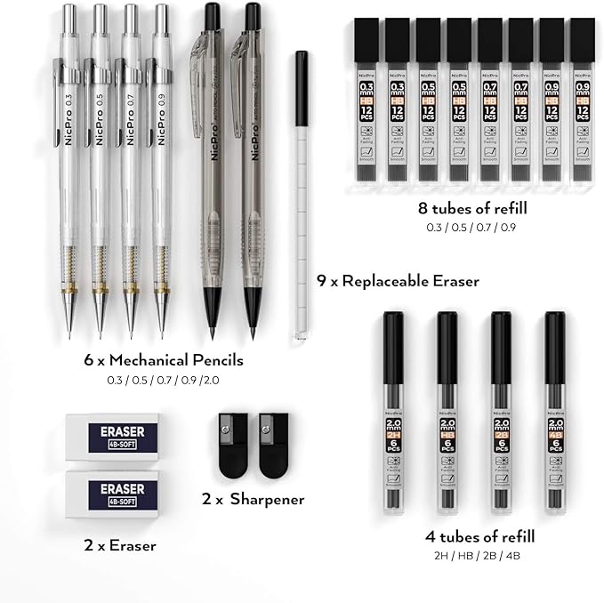 Nicpro 6PCS Art Mechanical Pencil Set, 4PCS Drafting Pencils 0.3 & 0.5 & 0.7 & 0.9 mm & 2PCS 2mm Lead Holder (4B 2B HB 2H) For Writing, Sketching Drawing With 12 Tube Lead Refills Erasers Case-DeskLoop Office