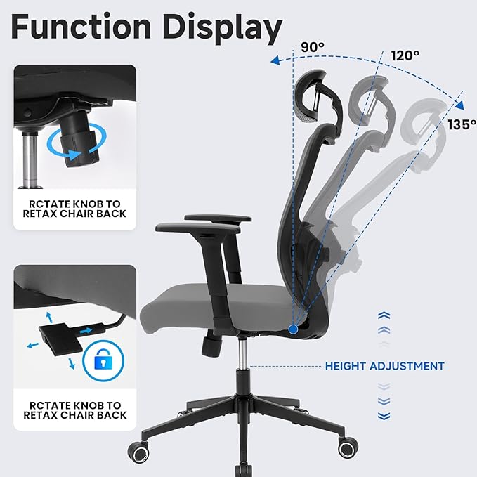 Ergonomic Desk Office Chair, High Back Home Computer Chair with Adjustable Swivel 3D Armrests for Comfort Lumbar Supports Up to 400lbs (Grey)-DeskLoop Office