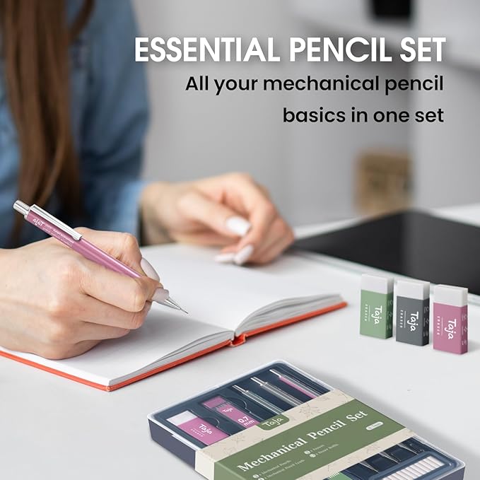 Aesthetic 0.7mm Mechanical Pencil Set with Case – 3 Vintage Mechanical Pencils, 4 Tubes HB #2 Lead Refills, 3 Erasers & 12 Eraser Refills, Cute Pencil Kit for Back to School Stationery Supplies-DeskLoop Office