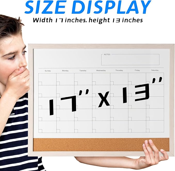 Dry Erase Calendar Whiteboard, 17" x 13" Magnetic Whiteboard Cork Board Combo, Reusable Monthly Planner with 8 Markers, Eraser, Magnets and Pushpins, Hanging Dry Erase Board for Home, School - White-DeskLoop Office