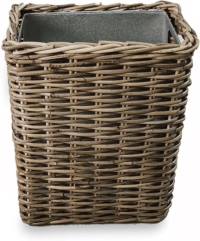 The Basket Lady Large Rectangular Kubu Wicker Waste Basket with Metal Liner, 14.5 in L x 9 in W x 18 in H, Serene Grey-DeskLoop Office