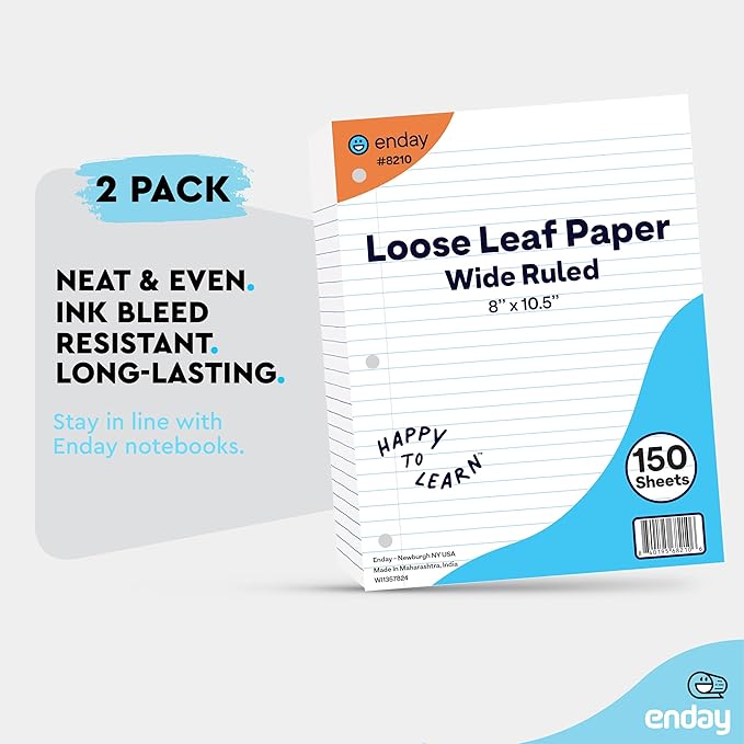 Loose Leaf Paper Wide Ruled Notebook Paper, 8" x 10.5" Filler Paper White, 3 Hole Punched Binder Paper for 3 Ring Binders, Lined Paper 150 Sheets Per Pack (2 Pack) - By Enday-DeskLoop Office