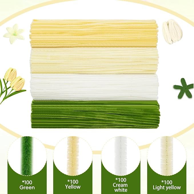 400 Pcs Pipe Cleaners Craft Set,4 Colors Chenille Stems Bulk with Floral Wires, Gardening Tape,Hot Glue Stick,Greeting Card,Bouquet Paper, Stamen & Ribbon, Flowers Craft kit for DIY Handmade Bouquet-DeskLoop Office