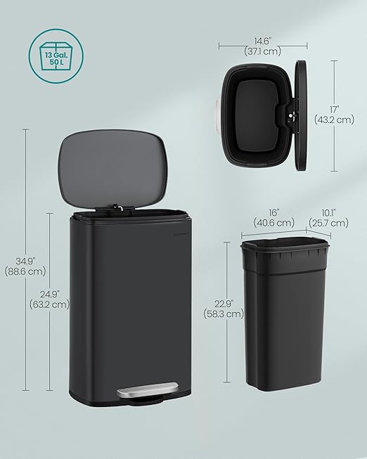 SONGMICS 13 Gallon (50 L) Trash Can, Stainless Steel Kitchen Garbage Can, Recycling or Waste Bin, Soft Close, Step-On Pedal, Removable Inner Bucket, Black ULTB050B01-DeskLoop Office