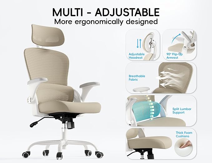 TRALT Office Chair - Ergonomic Office Chair with Back Support, Computer Chair - Home Office Desk Chairs, 330lbs Wide Seat Big and Tall Office Chairs with Headrest, Comfy Desk Chairs (Beige)-DeskLoop Office