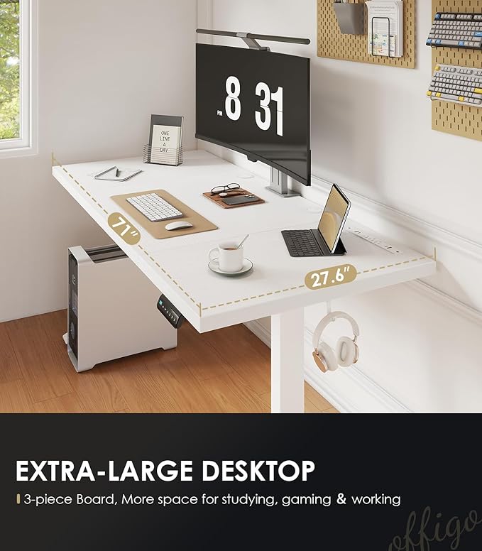 OffiGo Electric Standing Desk with 3-Piece Board, 71 Inch Height Adjustable Large Table with Power Outlets, Sit Stand Table, Writing Computer Desk for Home, Office, Workstation, White-DeskLoop Office