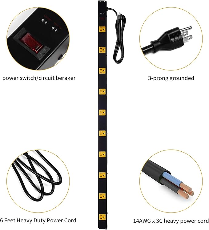 10-Outlet Heavy Duty Power Strip Surge Protector Metal Long Extension Cord 6-Foot, SGS Certified,Black(1000J)…-DeskLoop Office