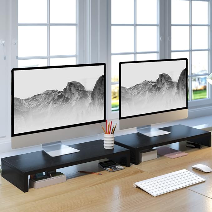 TEAMIX 2 Pack Monitor Stand Riser-20 inch, Black Desktop Stand for PC/TV/Laptop/Printer, Keyboard Shelf Organizer Wood Monitor Riser with Storage-DeskLoop Office