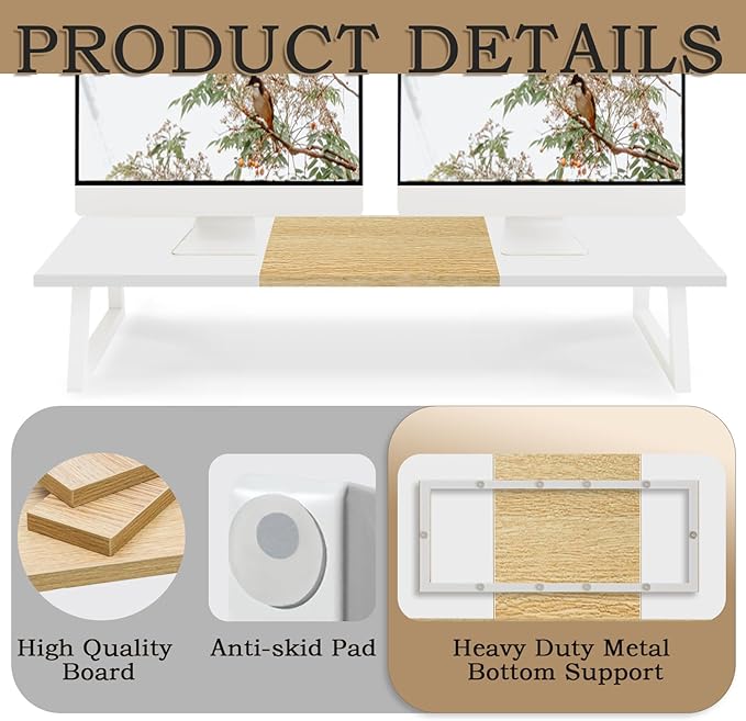 TEAMIX Dual Monitor Riser with Metal Leg, 31.5 inch Long Monitor Stand Riser Wide TV Stand Riser White Monitor Stand for 2 Monitors Wood & Steel Desktop Riser for Home Office Desk Organization-DeskLoop Office