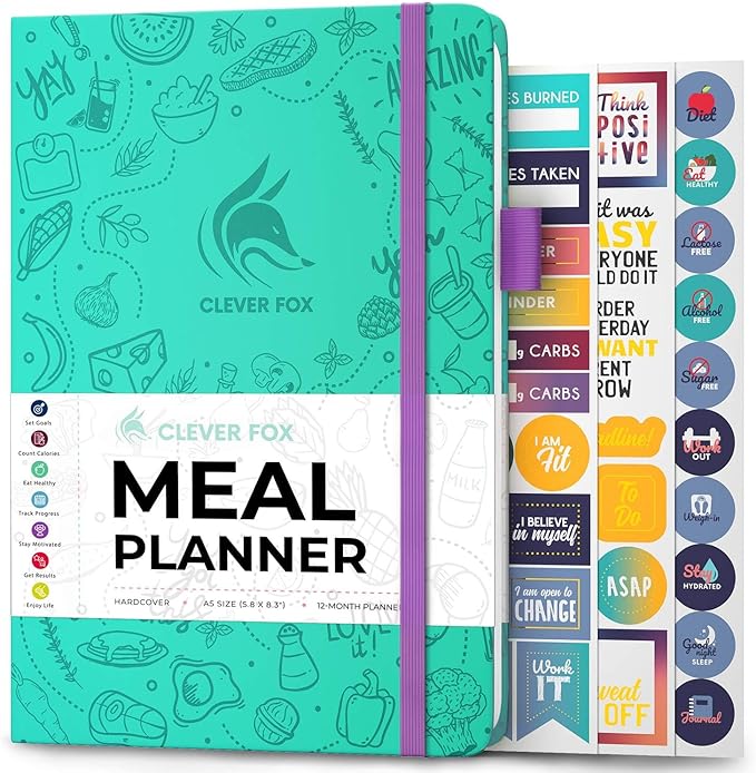 Clever Fox Weekly Meal Planner - Weekly & Daily Meal Prep Journal with Shopping and Grocery Lists for Menu Planning, Healthy Diet & Weight Loss Tracking, Lasts 1 Year, Undated, A5 - Turquoise-DeskLoop Office