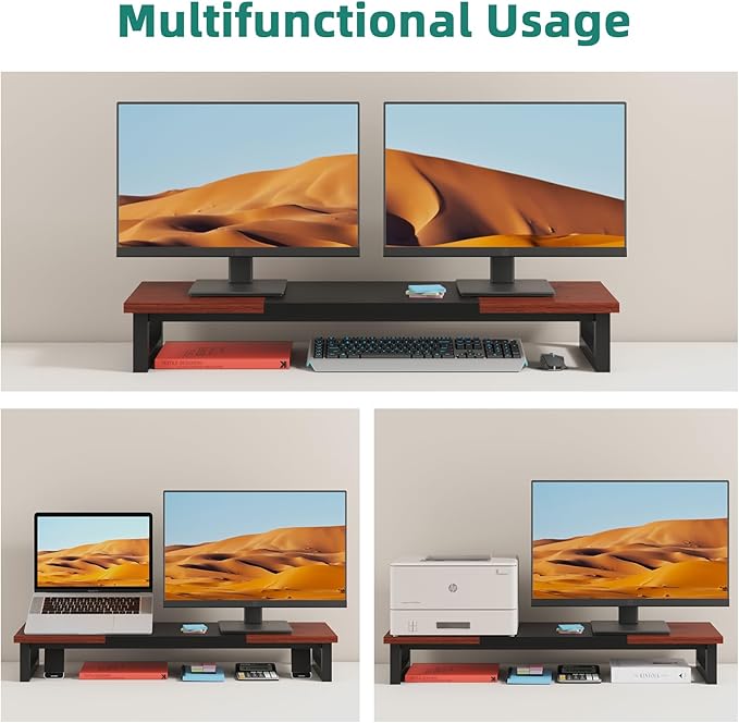 Dual Monitor Stand Riser, 39Inch Large Monitor Stands for 2 Monitors, Computer Monitor Stand, Wooden Desktop Oraganizer Shelf for Office Desk Computer,Laptop,TV-DeskLoop Office