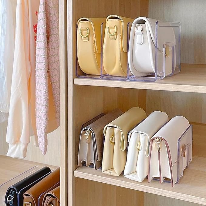 LUGUNU Clear Acrylic Purse Organizer - 3-Section Divider for Handbag Closet Storage - Durable Rack for Purses, Clutches More (Set of 4)-DeskLoop Office