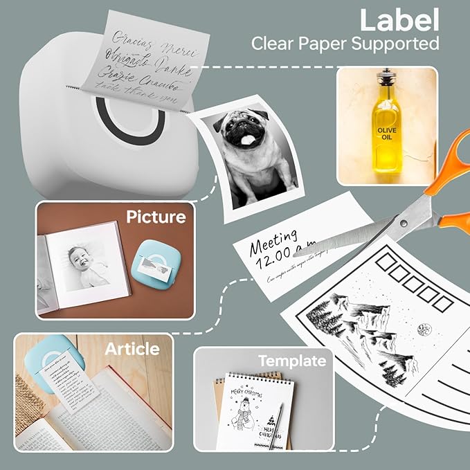Mini Printer Sticker Thermal Printer with 3 Rolls Paper, Bluetooth Portable Phone Print Pods,Study Sticker Maker for Pictures, Photos, Journals, DIY, Compatible with Phone & Tablet-DeskLoop Office