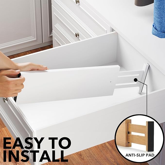 SpaceAid Bamboo Dresser Drawer Dividers 6 Pack, 4.65“ High Adjustable 17“-22” Drawer Organizers, Expandable Organization for Clothing, Clothes, Dressers, White-DeskLoop Office