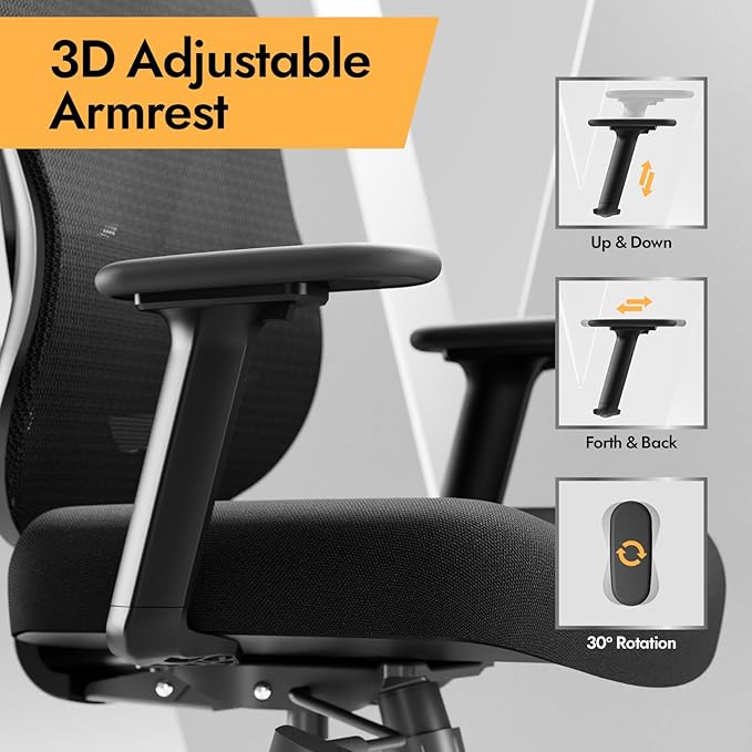 Ergonomic Mesh Office Chair - 3D Adjustable Lumbar Support & 3D Armrests, V-Shaped Back, Adjustable Desk Chair for Office & Home, Black-DeskLoop Office