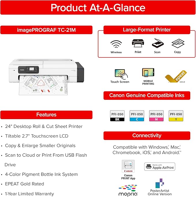 Canon imagePROGRAF TC-21M – Multifunction Printer| 24" Large Format Poster & Plotter Printer - Automatic Roll & Cut Sheet Paper Feeder, USB, Wi-Fi, LAN,White-DeskLoop Office